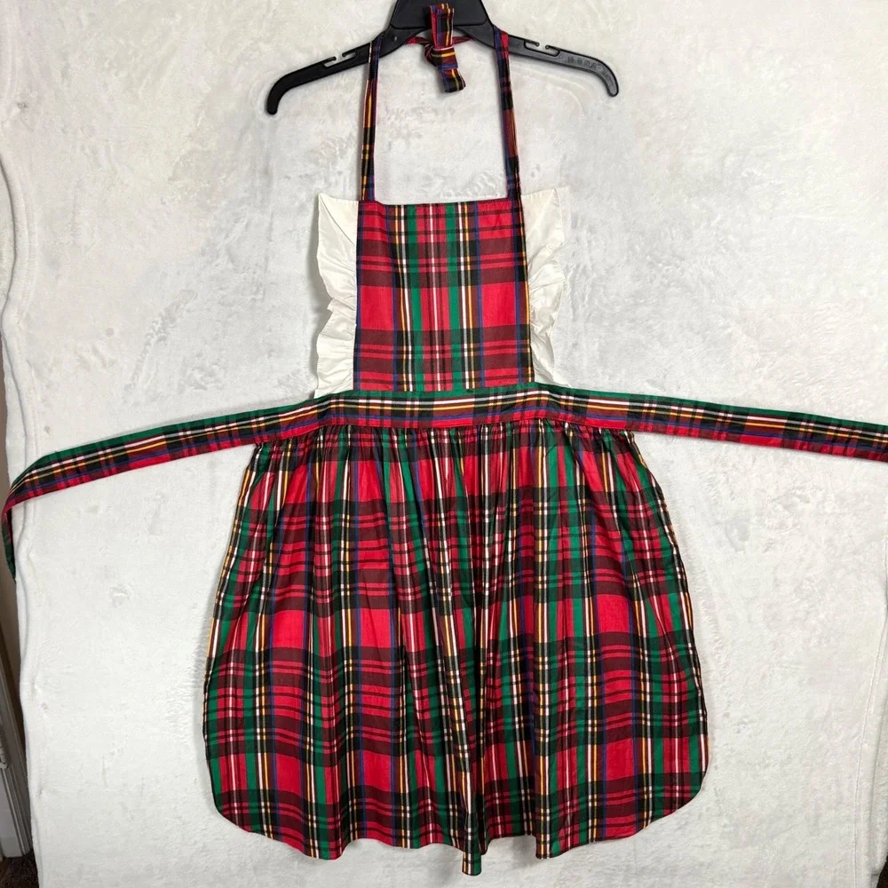 Vintage 70s Plaid Pinafore Apron Dress Ruffle Bib‎ Tie Back Lady One Size USA
